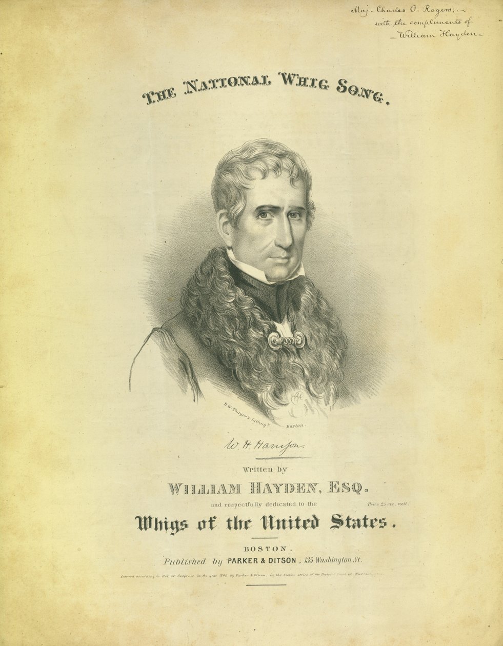 غلاف الورقة The Whig Song الوطنية ، بقلم ويليام هايدن ، نشرتها Parker & Diston ، بوسطن ، 1840 بواسطة المدرسة الأمريكية