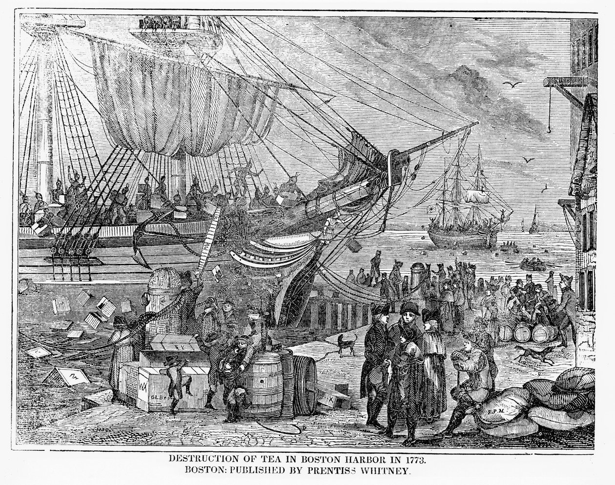 تدمير الشاي في ميناء بوسطن عام 1773 بواسطة المدرسة الأمريكية