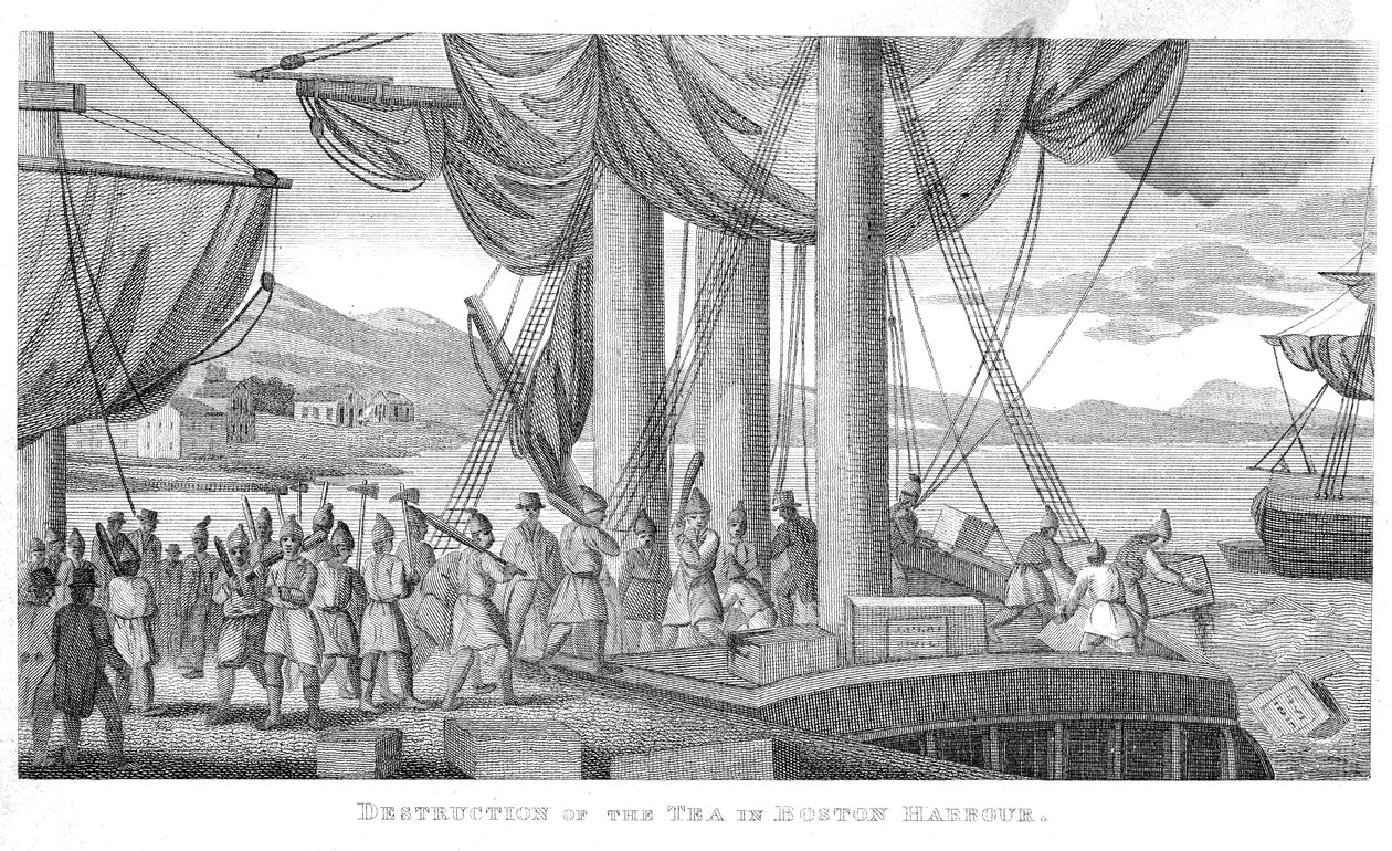 تدمير الشاي في ميناء بوسطن عام 1773 بواسطة المدرسة الأمريكية