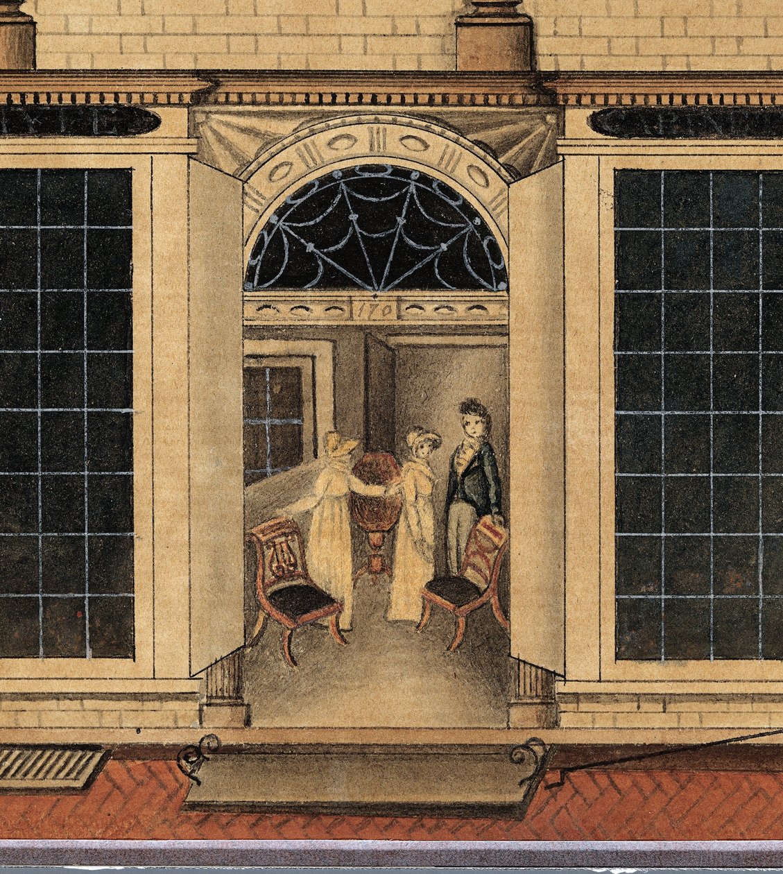 تفاصيل متجر ومستودع Duncan Phyfe في شارع Fulton في مدينة نيويورك ، حوالي 1817-1820 (ألوان مائية وحبر وغواش على ورق أبيض) بواسطة المدرسة الأمريكية