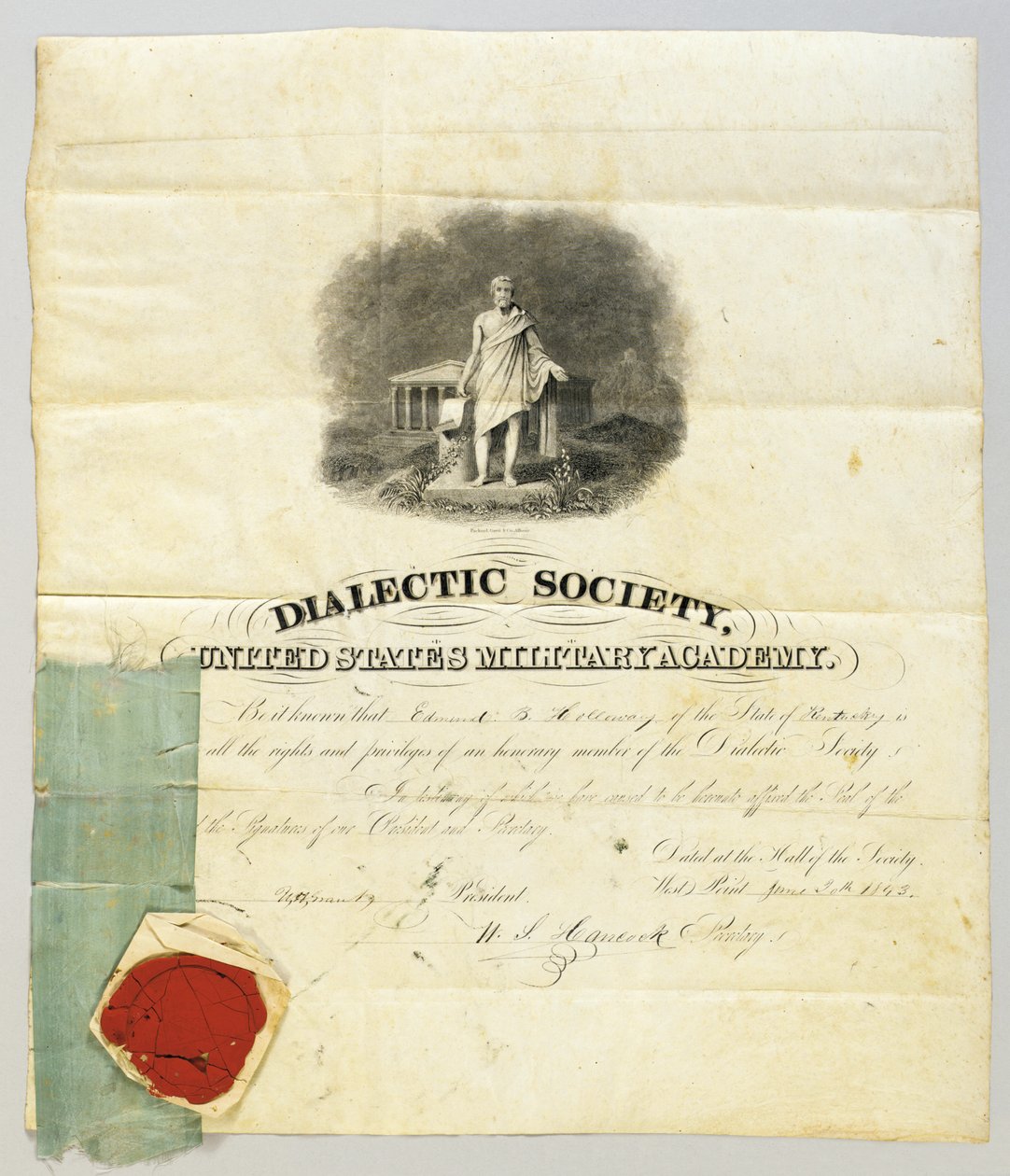وثيقة موقعة من قبل Ulysses S. Grant كرئيس لجمعية الديالكتيك في أكاديمية West Point العسكرية ، 20 يونيو 1843 (نقش وقلم وحبر على الرق) (انظر أيضًا 872501) بواسطة المدرسة الأمريكية