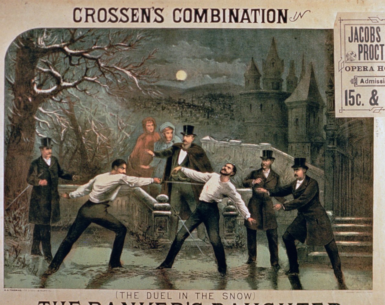 مبارزة في الثلج ، ملصق لابنة المصرفيين ، بطولة Crossens Combination في Jacobs & Procter Opera House بواسطة المدرسة الأمريكية