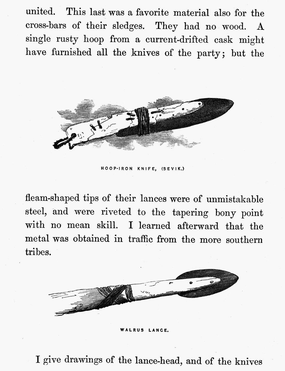 Eskimo knife and spear - Elisha Kent Kane, Artic Exlorations in the years 1853-1855, vol. 1, p. 206, Philadelphia بواسطة المدرسة الأمريكية