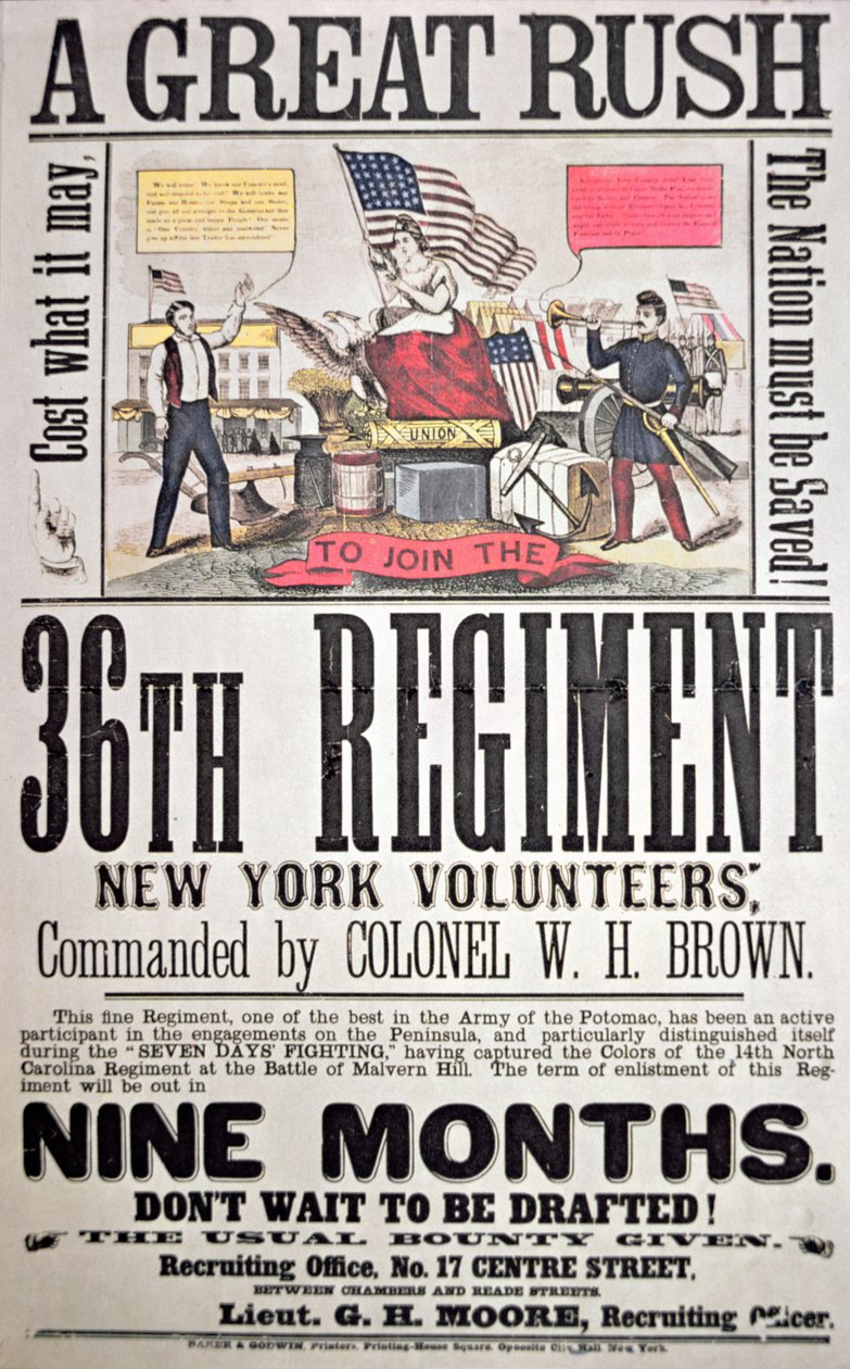 Federal recruiting poster for the 36th Regiment, New York volunteers (colour litho) بواسطة المدرسة الأمريكية