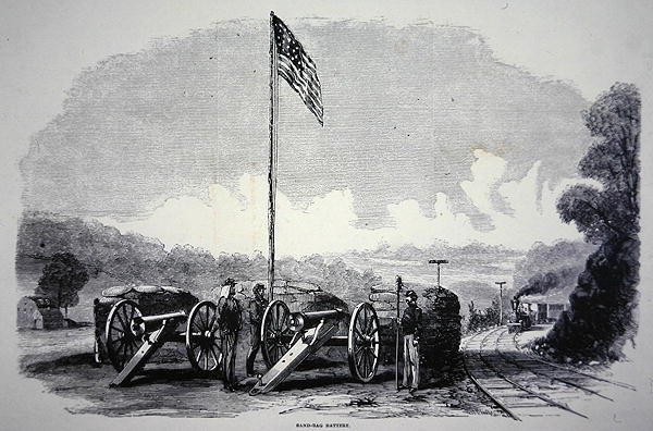 بطارية كيس الرمل الفيدرالية لحماية السكك الحديدية خلال الحرب الأهلية الأمريكية (1861-1865) (ليثو) بواسطة المدرسة الأمريكية