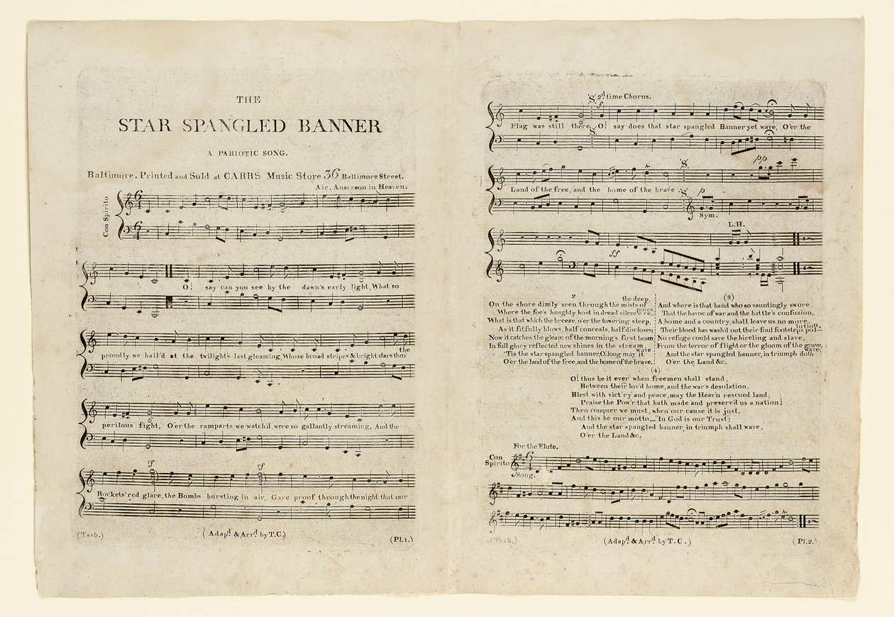 الطبعة الأولى من النوتة الموسيقية لـ "The Star Spangled Banner. A Pariotic بواسطة المدرسة الأمريكية