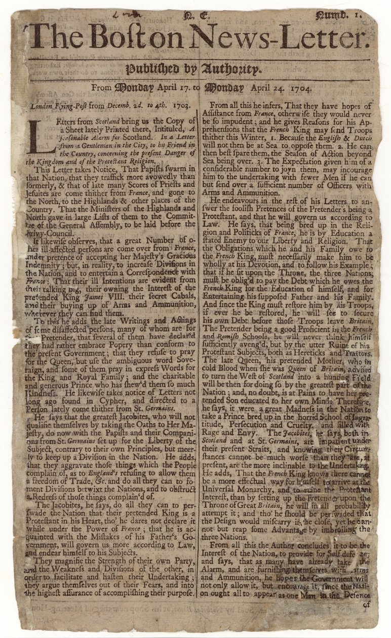 العدد الأول من رسالة بوسطن الإخبارية ، 1704 (ورق الصحف) بواسطة المدرسة الأمريكية
