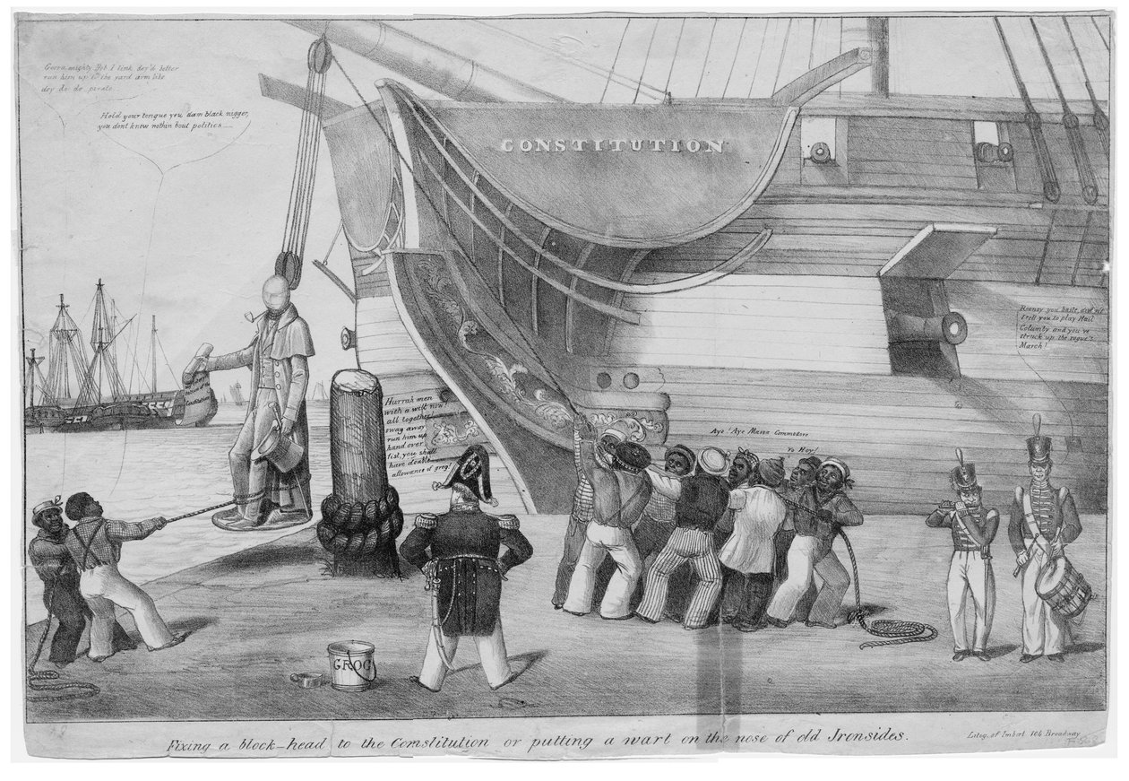 تثبيت رأس كتلة للدستور ، أو وضع ثؤلول على أنف الحديد القديم ، c.1832 بواسطة المدرسة الأمريكية