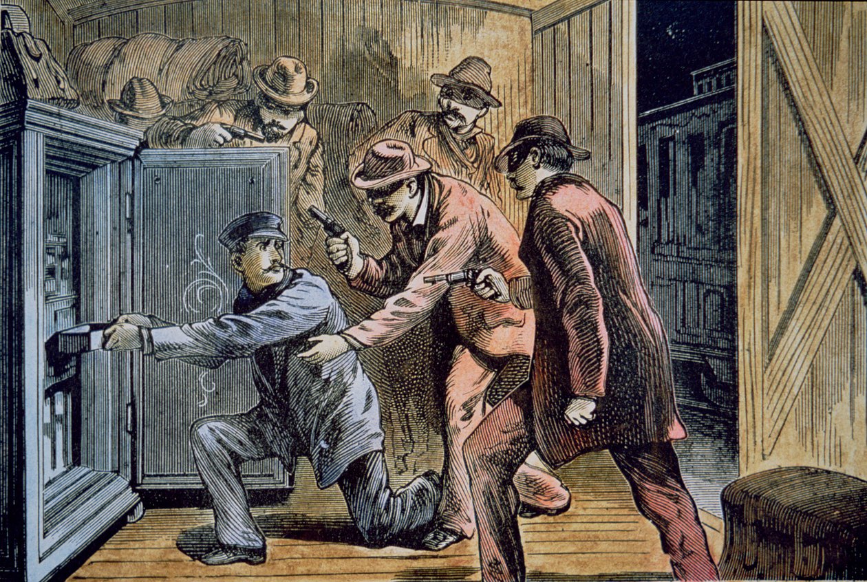 Frank and Jesse James Gang rob the express car of a train in 1879 (colour litho) بواسطة المدرسة الأمريكية