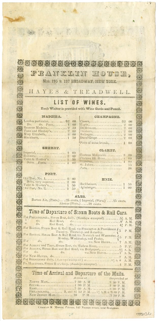 قائمة النبيذ فرانكلين هاوس 23 مايو 1844 ، 1844 (القائمة المحفورة) بواسطة المدرسة الأمريكية