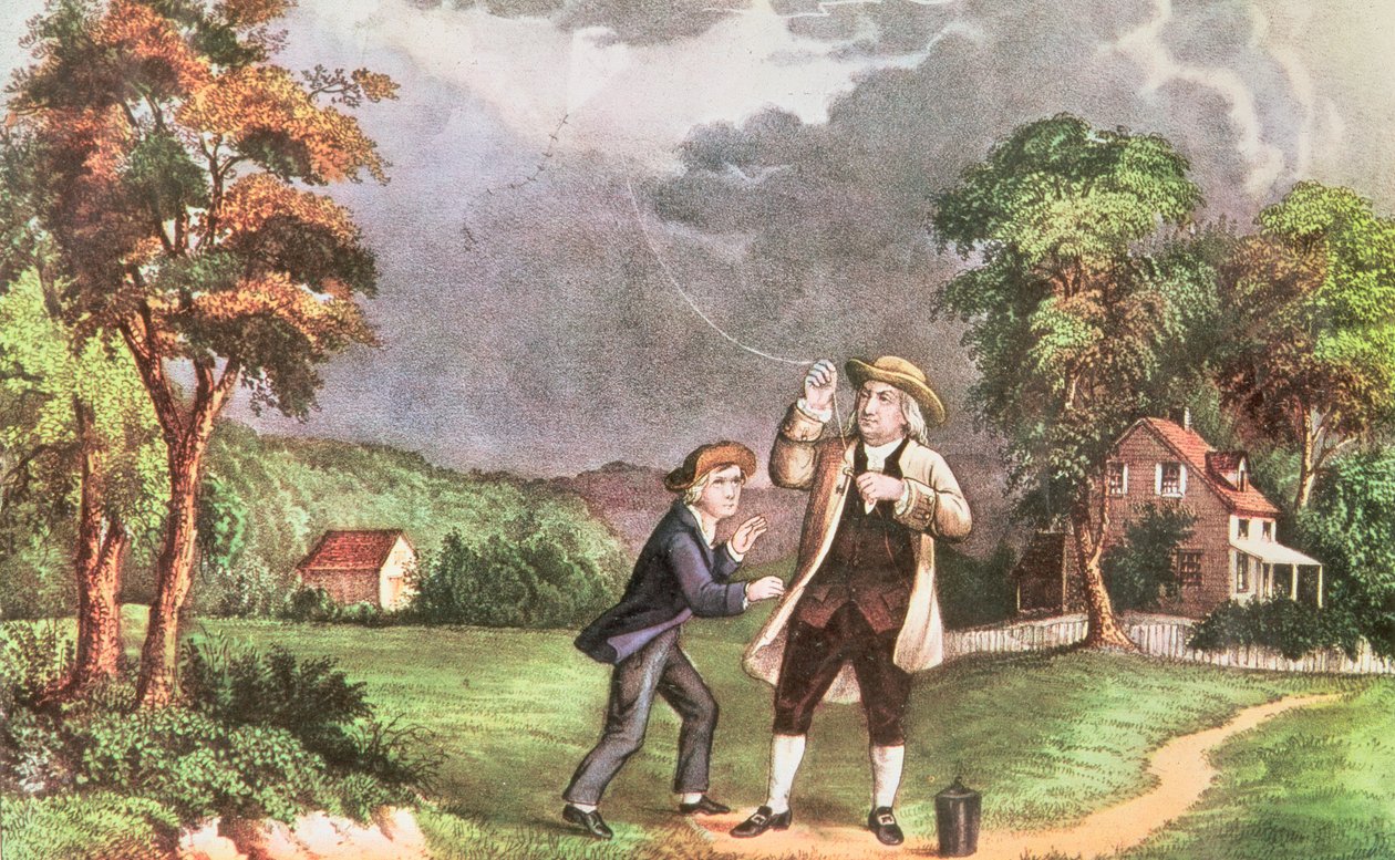 تجربة Franklins في الكهرباء c.1746 ، حانة. بواسطة Currier and Ives (طباعة) بواسطة المدرسة الأمريكية
