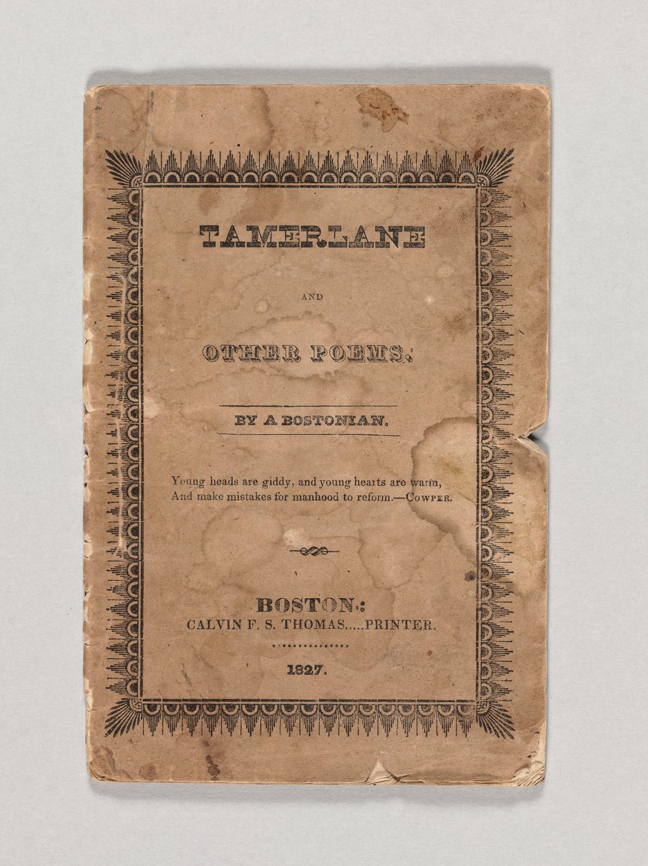 الغلاف الأمامي لـ "Tamerlane and Other Poems" بقلم إدغار آلان بو ، نُشر عام 1827 (مطبوع) (انظر أيضًا 433401) بواسطة المدرسة الأمريكية