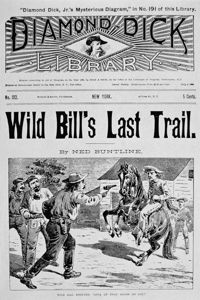الغلاف الأمامي لرواية Wild Bill's Last Trail ، وهي رواية لـ Ned Buntline 'Dime' تظهر فيها Wild Bill Hickok (1837-1876) 1896 (litho) بواسطة المدرسة الأمريكية