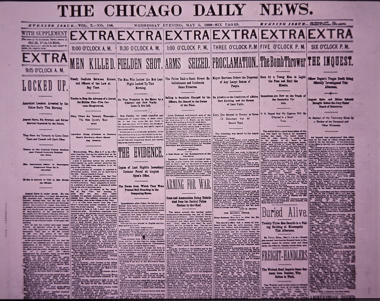 Front page of The Chicago Daily News reporting the Chicago Haymarket Labor Riot, 5 May 1886 (newsprint) بواسطة المدرسة الأمريكية