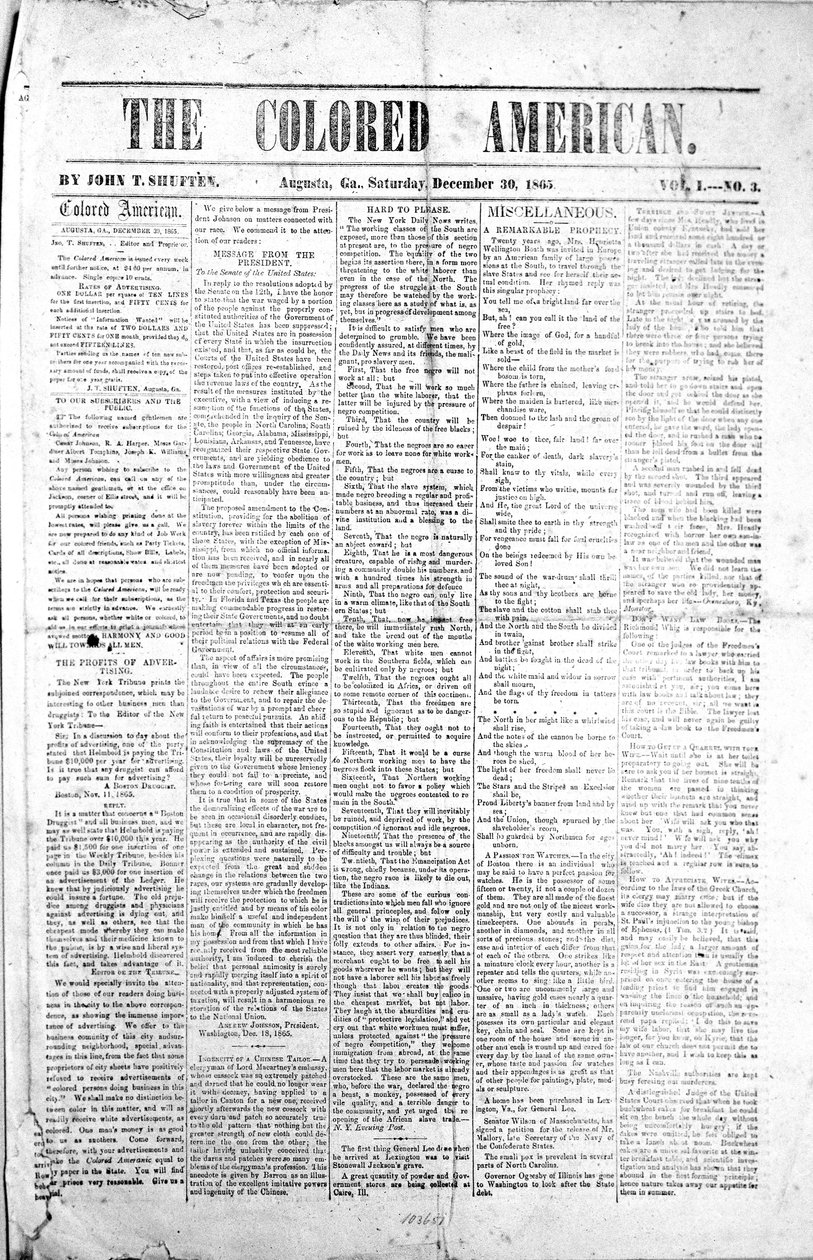 الصفحة الأولى من The Coloured American ، 30 ديسمبر 1865 (مطبوعة) بواسطة المدرسة الأمريكية
