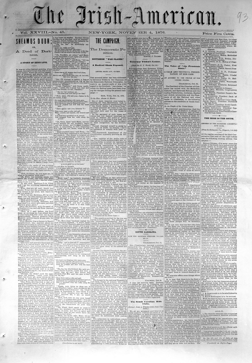 الصفحة الأولى من The Irish-American ، نشرت في نيويورك ، 4 نوفمبر 1876 (ورق الصحف) بواسطة المدرسة الأمريكية