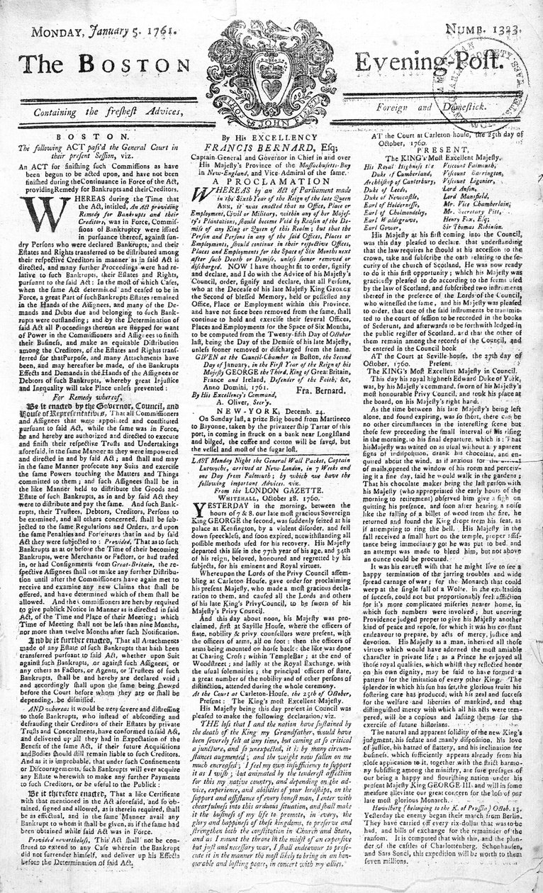 الصفحة الأولى من بوسطن إيفننج بوست تعلن وفاة الملك جورج الثاني (1683-1760) ، 5 يناير 1761 (طباعة) بواسطة المدرسة الأمريكية