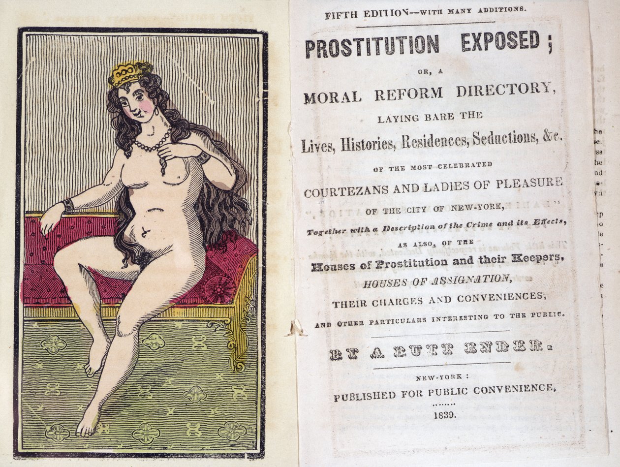 صورة وجهيه لصفحة الدعارة التي كشفها أ. بوت إندر ، نُشرت في نيويورك عام 1839 بواسطة المدرسة الأمريكية