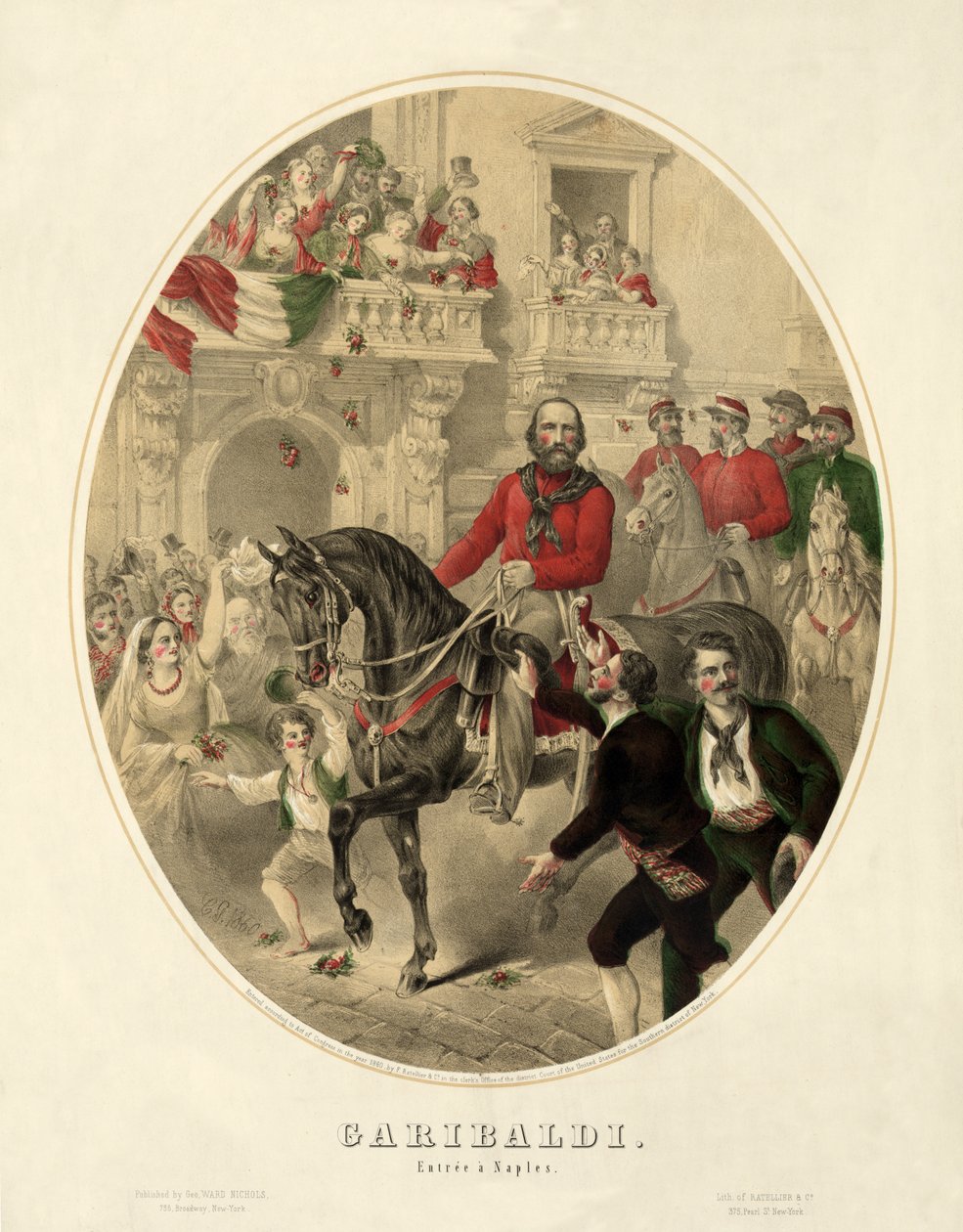 Garibaldi، entrée a Naples، pub. 1860 (نقش ملون يدوي) بواسطة المدرسة الأمريكية