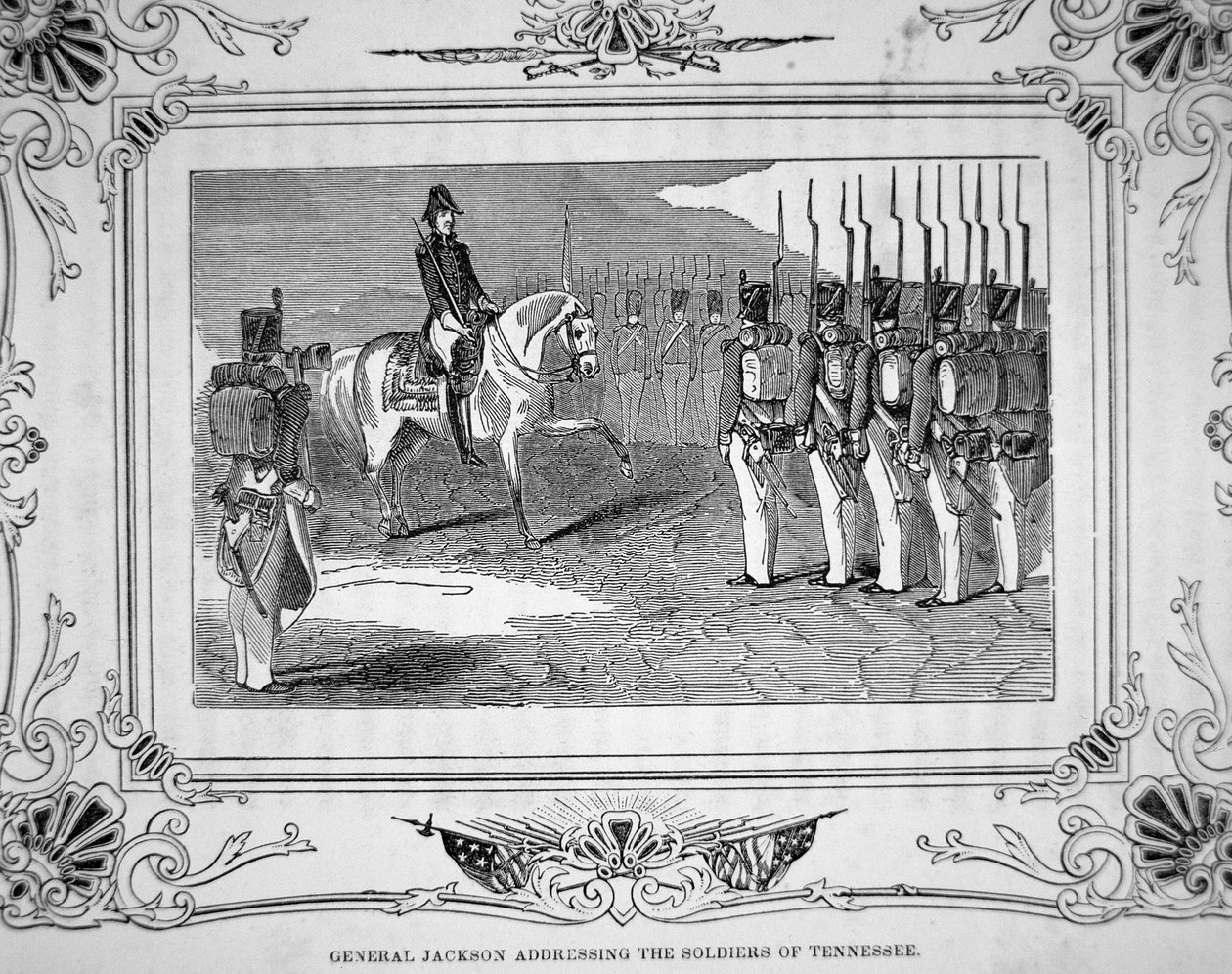 الجنرال أندرو جاكسون يتحدث إلى ميليشيا تينيسي قبل معركة هورشو بيند ، 27 مارس 1814 بواسطة المدرسة الأمريكية