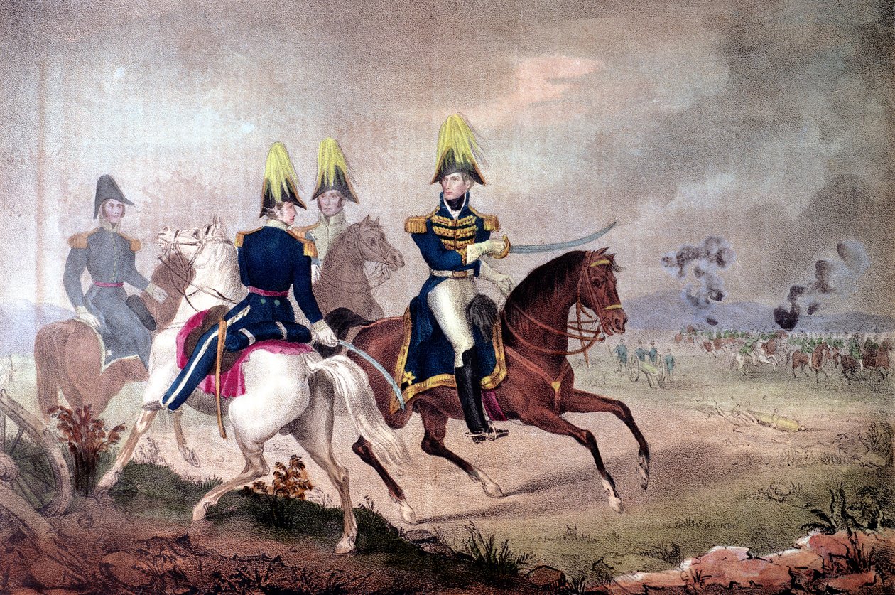 الجنرال ويليام هنري هاريسون (1773-1841) والأركان في معركة التايمز عام 1813 بواسطة المدرسة الأمريكية