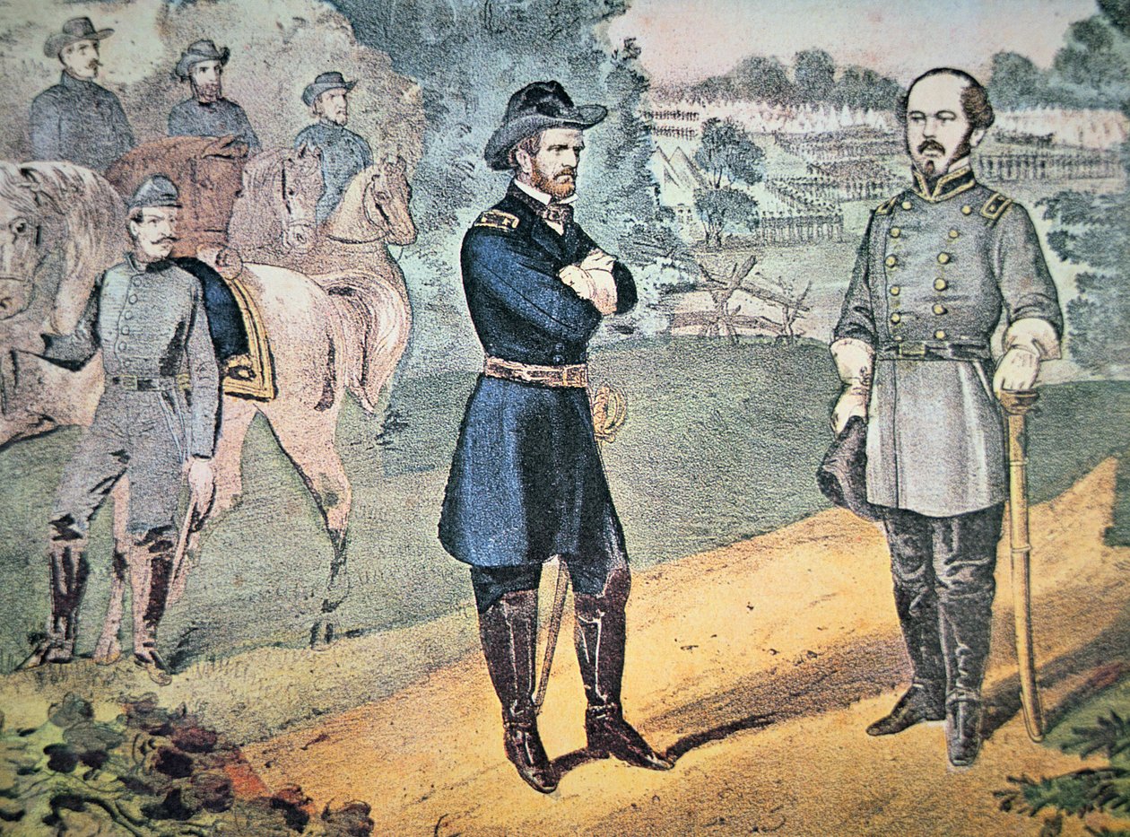 Generals Sherman and Johnson meet to arrange the surrender of Confederate forces in North Carolina in 1865 (colour litho) بواسطة المدرسة الأمريكية