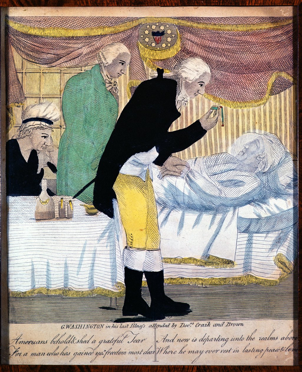 جورج واشنطن في مرضه الأخير ، حضره الأطباء كريك وبراون ، 1799 بواسطة المدرسة الأمريكية