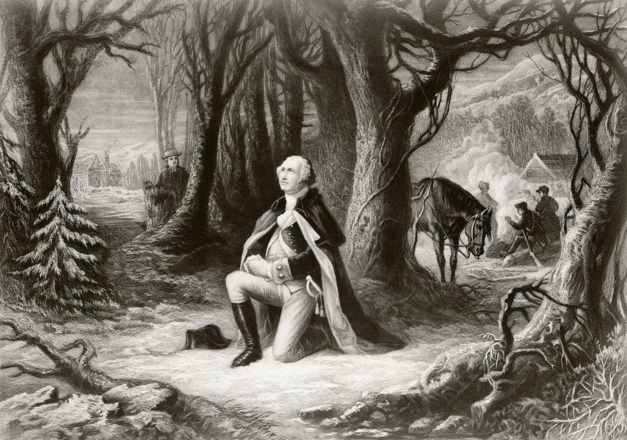 جورج واشنطن يصلي في معسكر الحرب الثورية الأمريكية في وادي فورج خلال شتاء 1777-1778 ، بعد لوحة رسمها هنري بروكينر بواسطة المدرسة الأمريكية