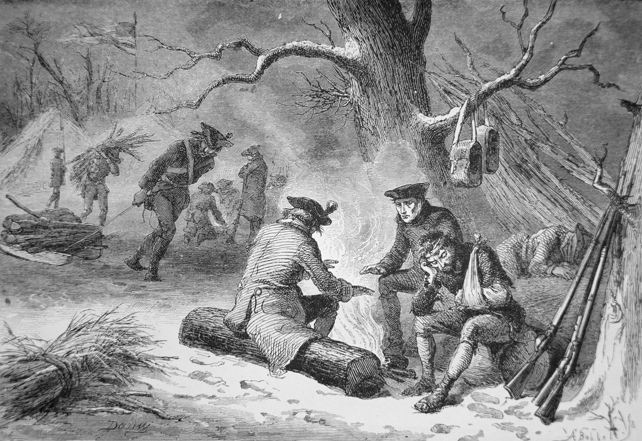 جنود جورج واشنطن في فالي فورج ، شتاء 1777-78 (ليثو) بواسطة المدرسة الأمريكية