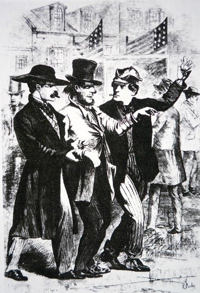 الحصول على ناخب في حالة سُكر من أجل التأثير على تصويته في انتخابات عام 1864 (نقش) بواسطة المدرسة الأمريكية
