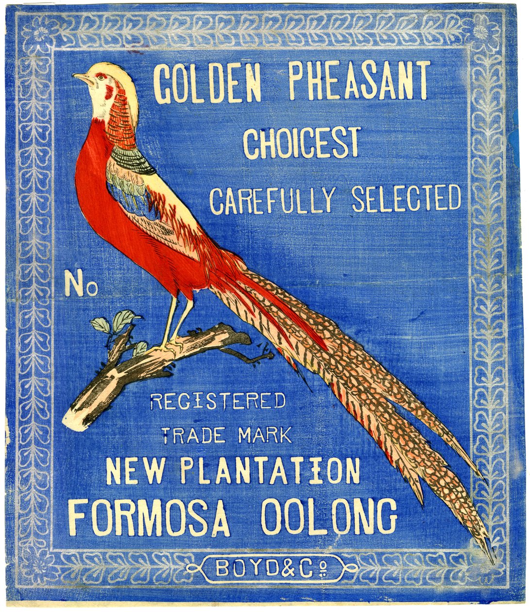 Golden Pheasant Choicest بعناية ، لا يوجد علامة تجارية مسجلة New Plantation Formosa Oolong (طباعة كتلة (حبر ملون على ورق مع دعم)) بواسطة المدرسة الأمريكية