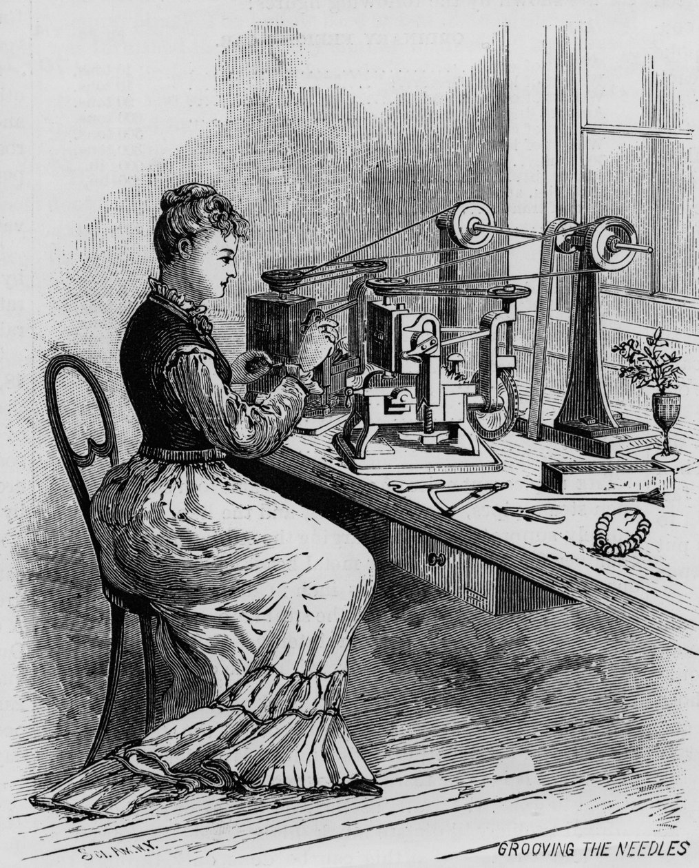تحريف الإبر ، توضيح يوضح تصنيع ماكينة الخياطة من مجلة Scientific American ، 1879 بواسطة المدرسة الأمريكية