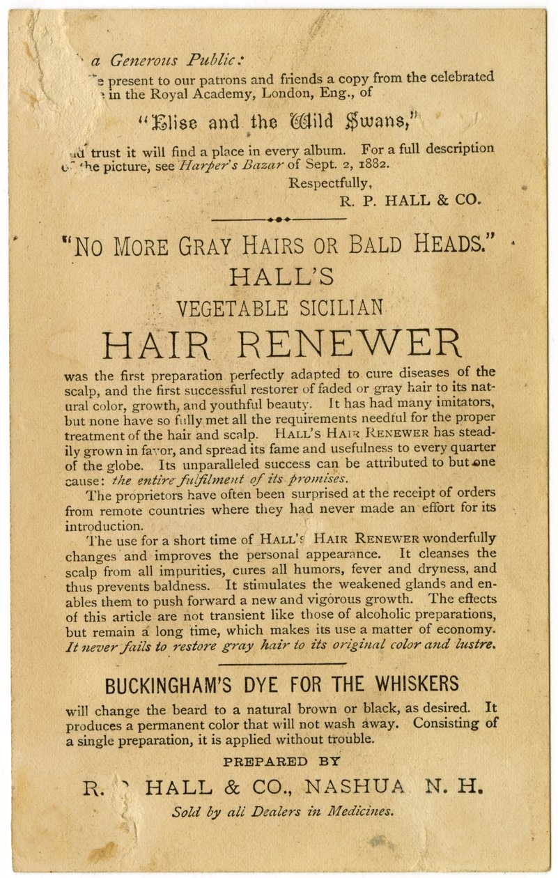 Halls Vegetable Sicilian Renewer، يعيد الشعر الرمادي إلى لونه الأصلي ويمنع الصلع. فيرسو (ليثوغراف [بطاقة تجارية]) بواسطة المدرسة الأمريكية