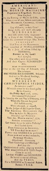 تعليق يدوي على تبرئة الكابتن بريستون وستة جنود بعد محاكمتهم في أكتوبر 1771 (ليتو) بواسطة المدرسة الأمريكية