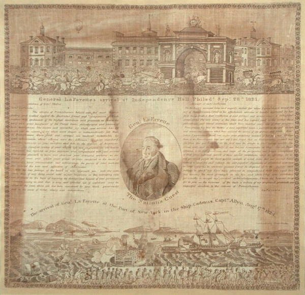 منديل تخليدًا لذكرى وصول الجنرال لافاييت (1757-1834) عام 1824 (قطن) بواسطة المدرسة الأمريكية