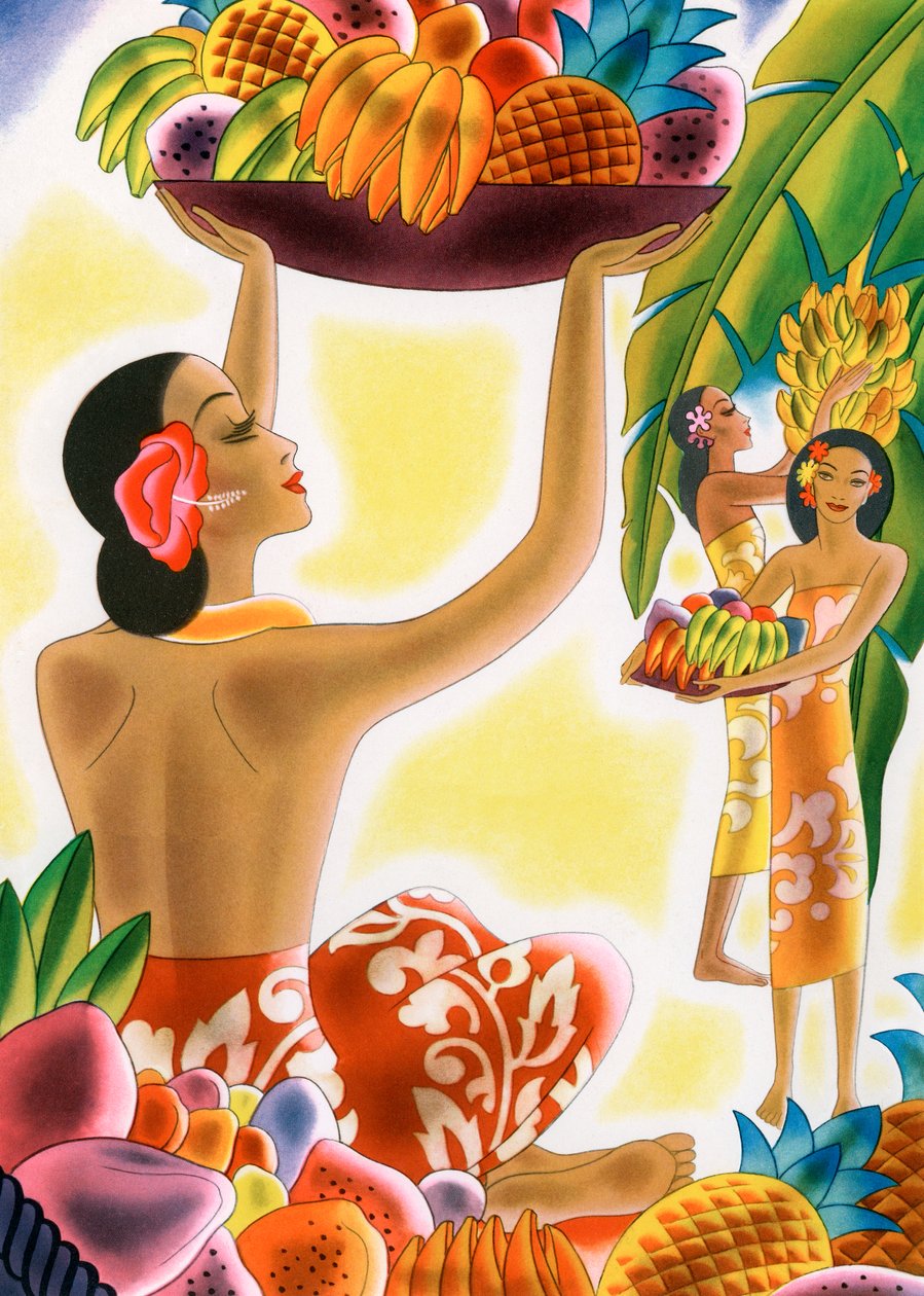 Hawaiian Women Harvesting Fruit بواسطة المدرسة الأمريكية