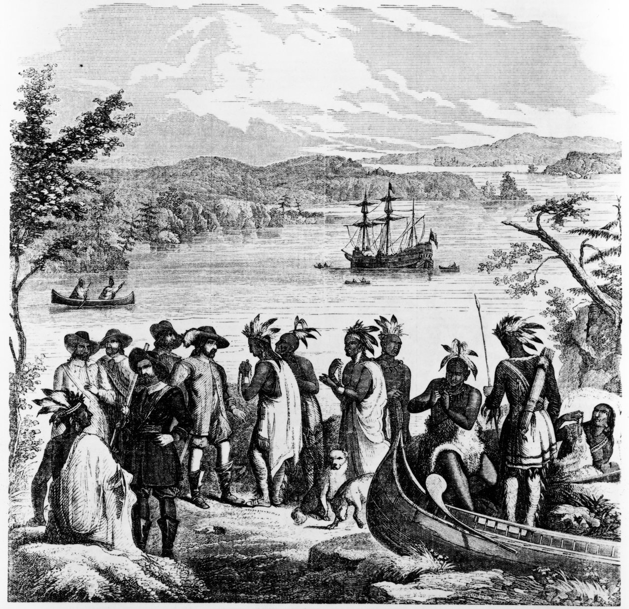 هنري هدسون ينزل على نهر هدسون ، رسم توضيحي من رفيق Ballou&39;s Pictorial Drawing-Room ، 12 أبريل 1856 بواسطة المدرسة الأمريكية
