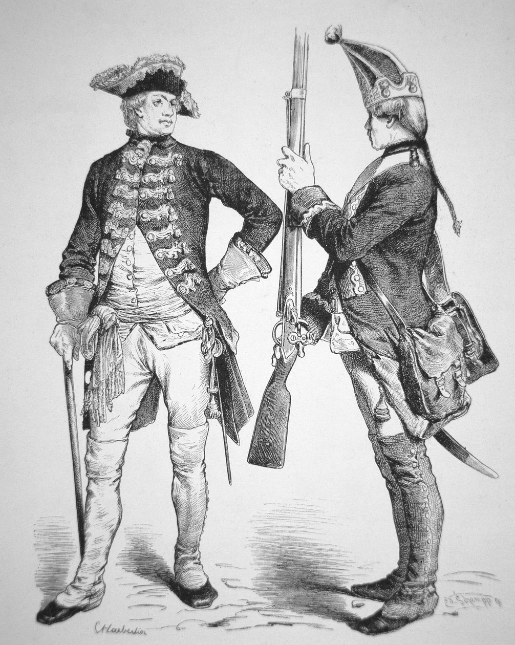 جنود هسه 1770 ، في زيهم الرسمي من الحرب الثورية الأمريكية (نقش) بواسطة المدرسة الأمريكية