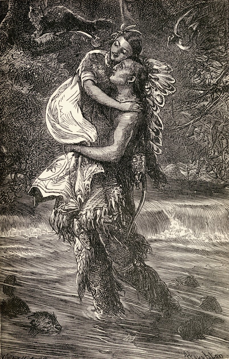 هياواثا ومينهاها ، رسم توضيحي من قصيدة "هياواثا" بقلم هنري وادزورث لونغفيلو (1807-1882) كتب عام 1855 بواسطة المدرسة الأمريكية