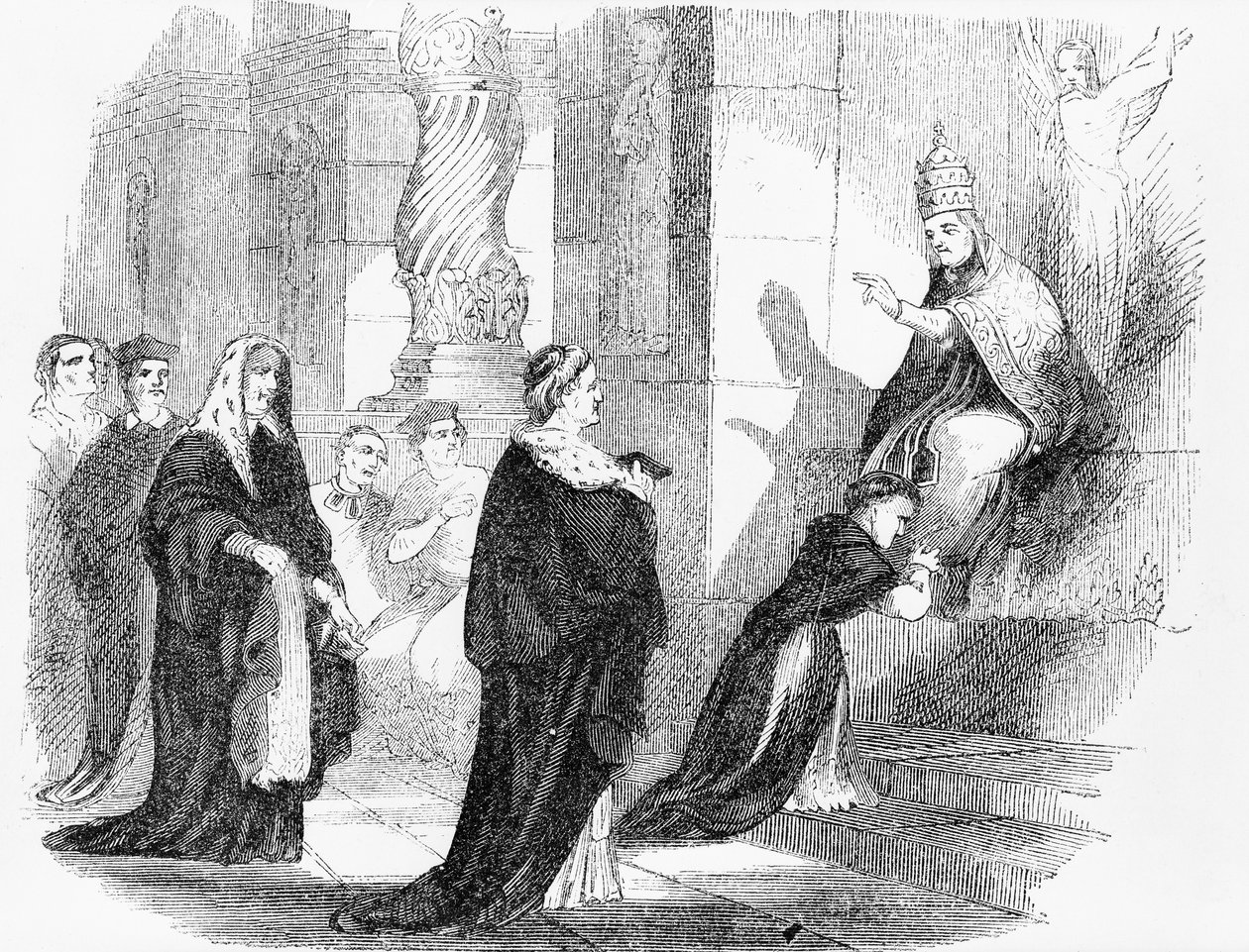 رسم توضيحي من كتيب مناهض للكاثوليكية يظهر كاهنًا يقبل أردية البابا بواسطة المدرسة الأمريكية