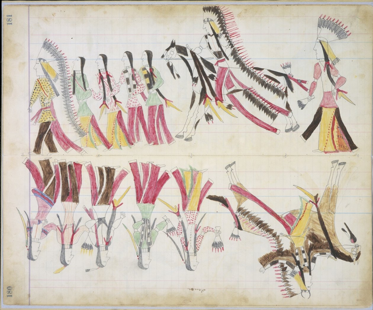 رقص هندي ، رسم توضيحي من الحصان الأسود ليدجر ، 1877-79 (قلم رصاص وتلوين على ورق) بواسطة المدرسة الأمريكية