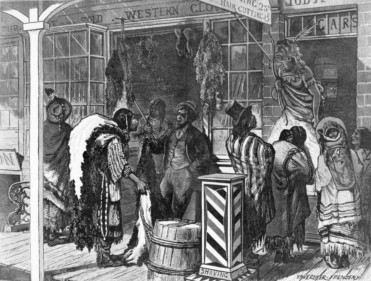الهنود يتداولون في بلدة حدودية ، من "هاربر ويكلي" ، 13 نوفمبر 1875 بواسطة المدرسة الأمريكية