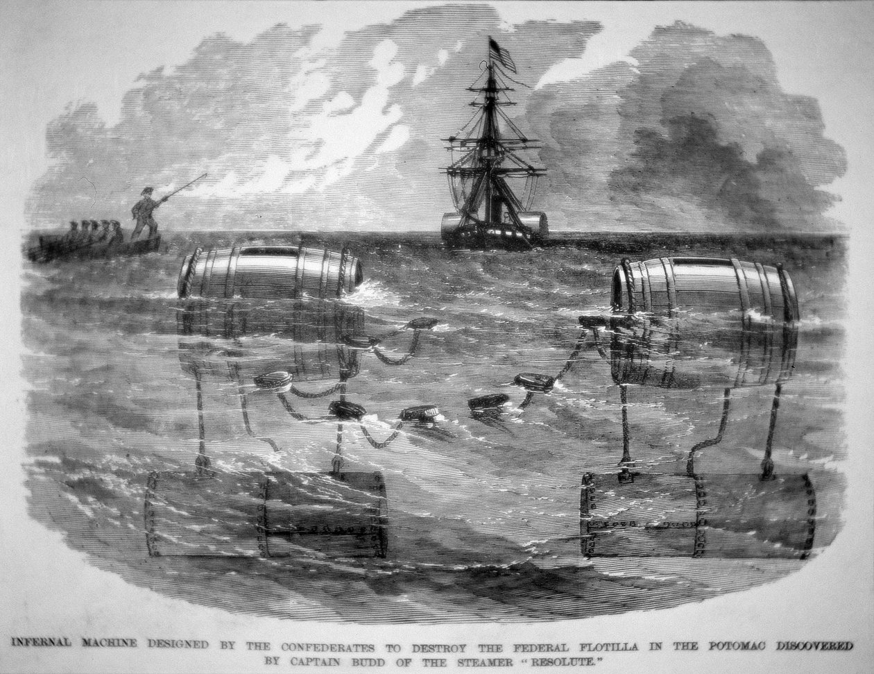 Infernal Machine designed by the Confederates to destroy the Federal Flotilla in the Potomac (engraving) بواسطة المدرسة الأمريكية