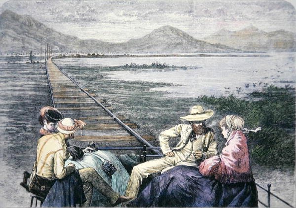 سيارة التفتيش على سكة حديد المحيط الهادئ ، حوالي 1870 (نقش ملون) بواسطة المدرسة الأمريكية