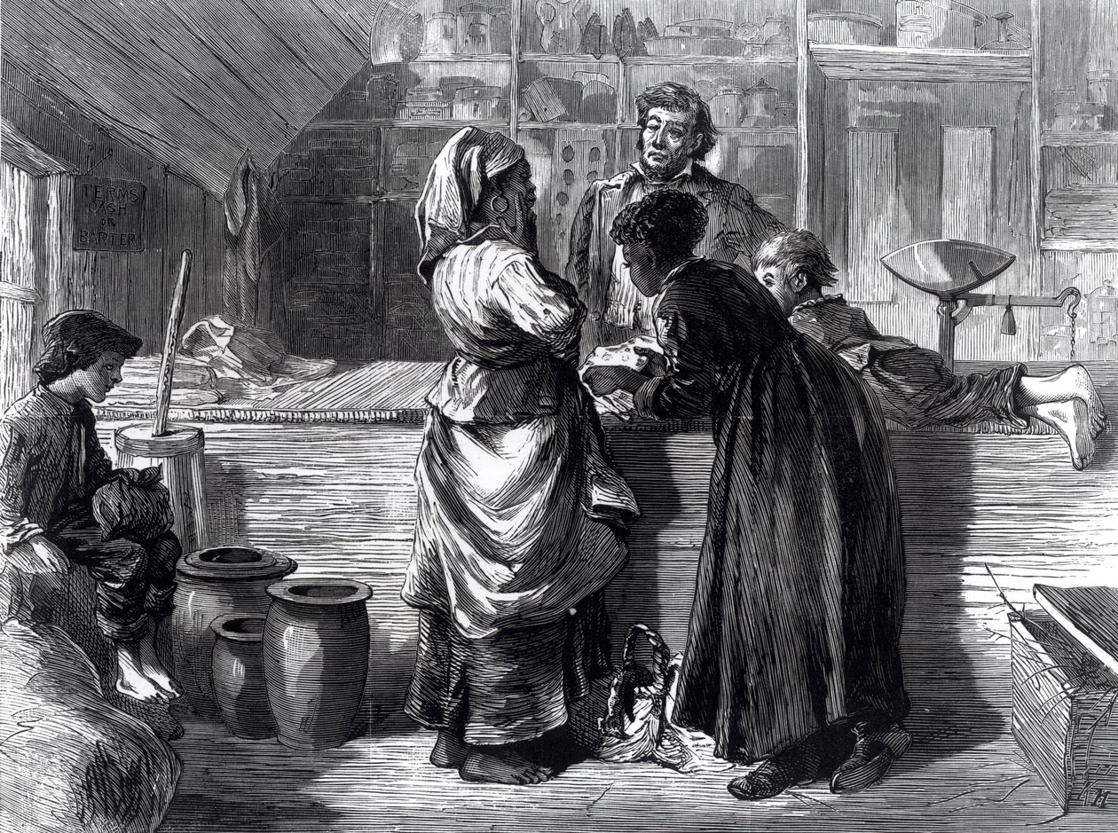 التصميم الداخلي لمتجر ريفي ، من "Harper's Weekly" ، رسمه Solomon Eytinge (1833-1905) بعد رسم ماري ستون ، 20 أبريل 1872 (نقش) (صورة بالأبيض والأسود) بواسطة المدرسة الأمريكية