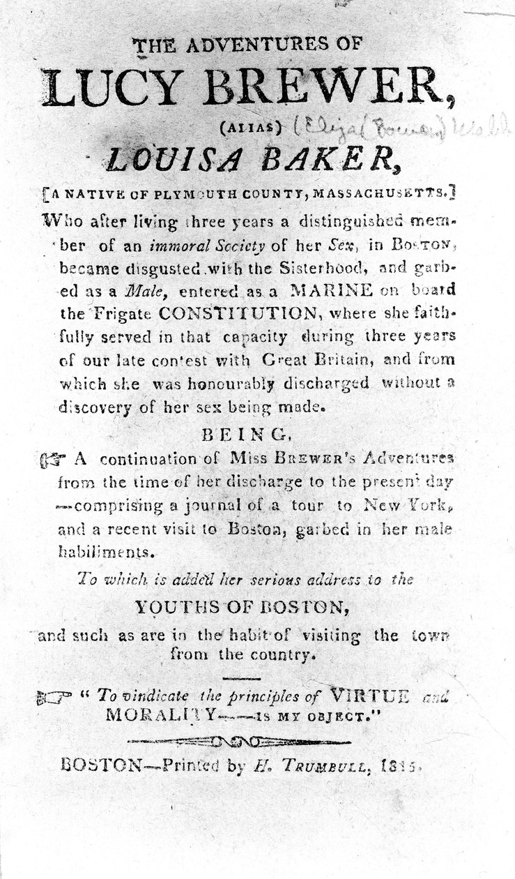 صفحة مقدمة لمغامرات لوسي بروير طبعها H. Trumbull ، بوسطن ، 1815 بواسطة المدرسة الأمريكية