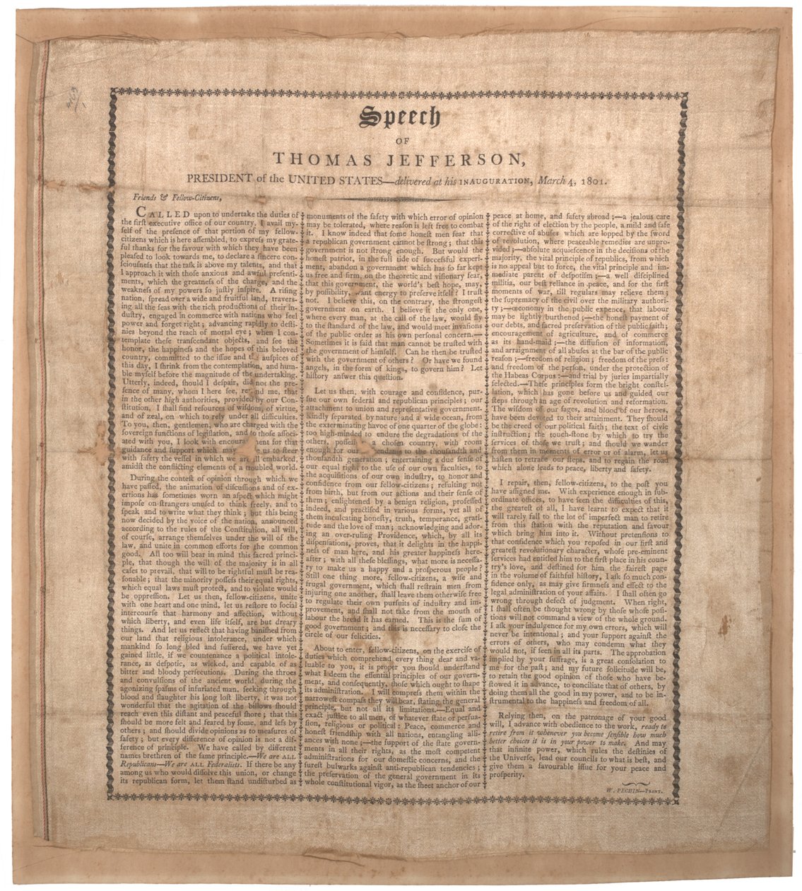 خطاب تنصيب جيفرسون الأول ، طبعه Pechin ، بالتيمور ، 4 مارس 1801 (ليثو على الحرير) بواسطة المدرسة الأمريكية