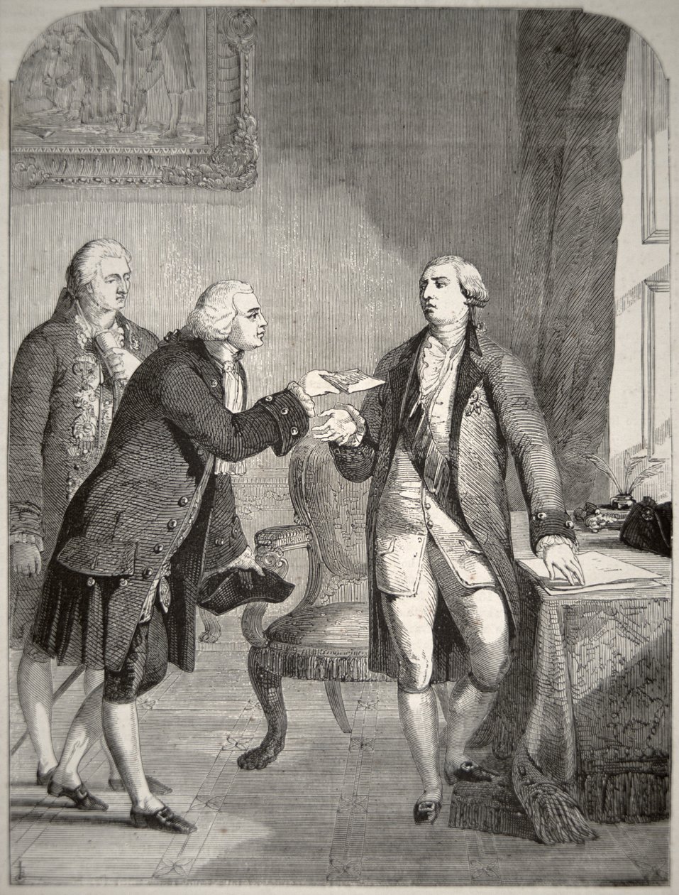 John Adams (1735-1826) as the First American Ambassador to the English Court, presenting his credentials to King George III (1738-1820) (lithograph) بواسطة المدرسة الأمريكية