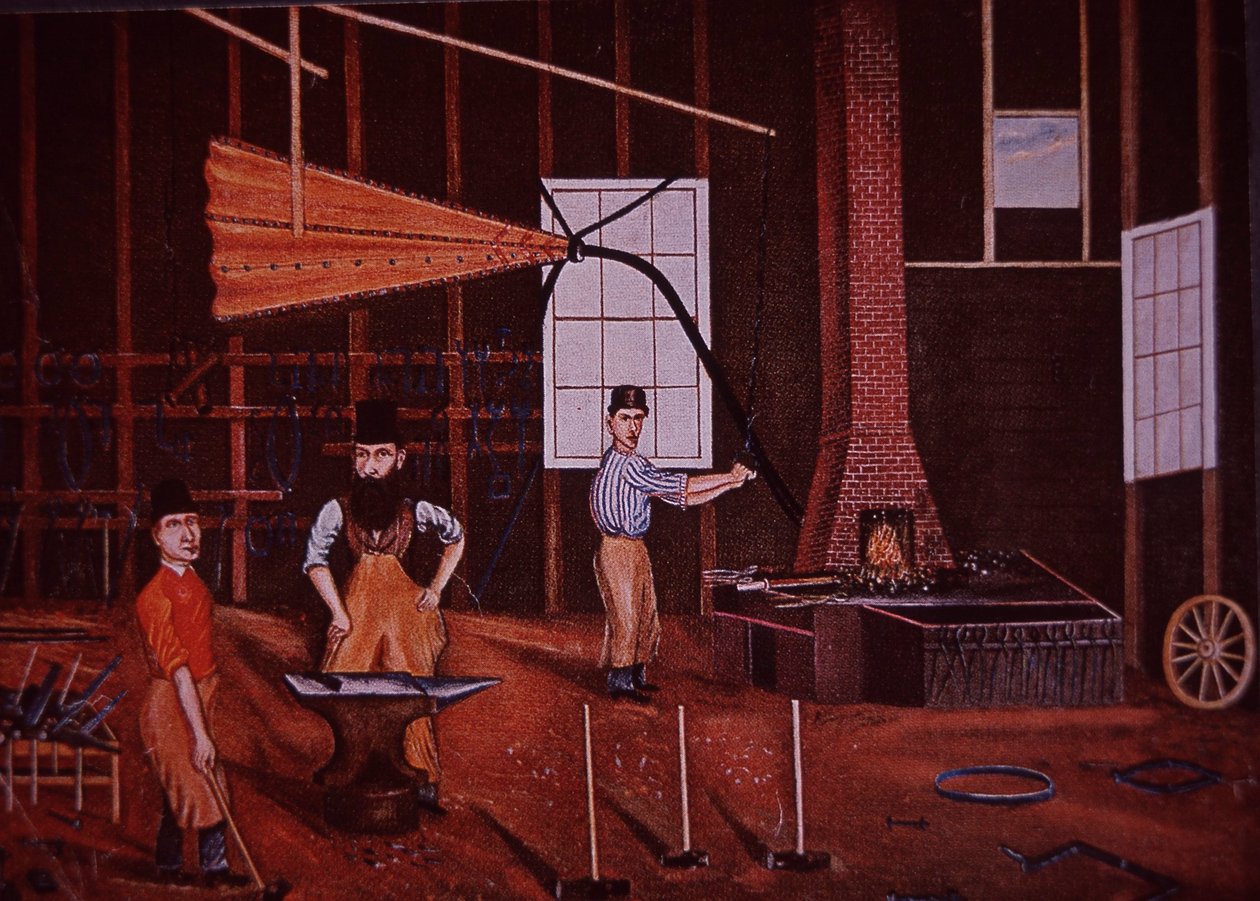 جون موهلر ستوديبيكر (وسط) ، صانع عربة ألماني أمريكي في ورشة العمل ، حوالي 1858 (لون ليثو) بواسطة المدرسة الأمريكية