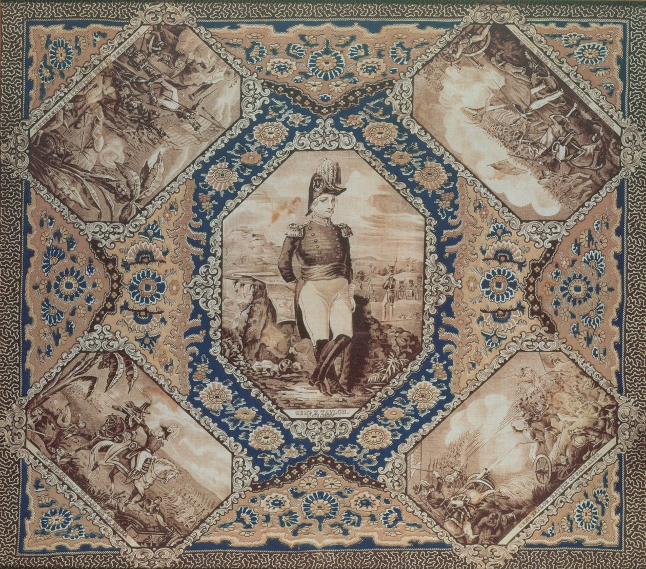 منديل مع صورة زاكاري تايلور ومعارك الحرب المكسيكية (1846-188) ، 1848 (قطن) بواسطة المدرسة الأمريكية